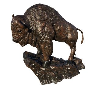 Buffalo on Rock Aluminum Statue